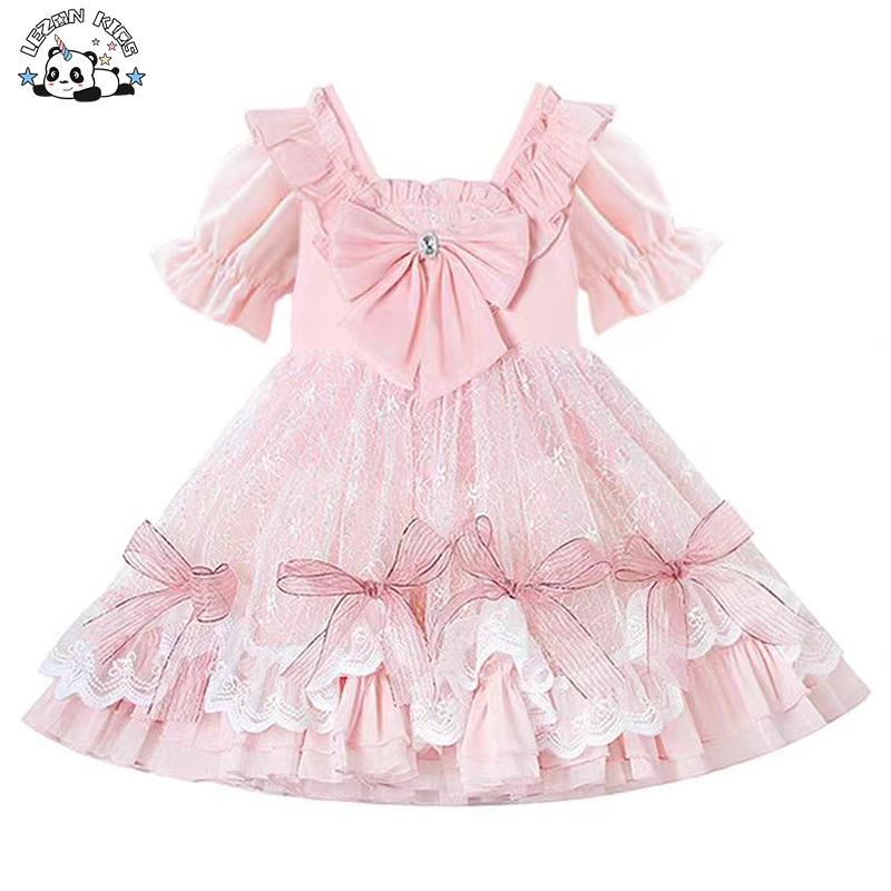 Customizable Wholesale New Innovations Latest Design pink Bows Bottom Lace Sequined Girls Dresses for Party