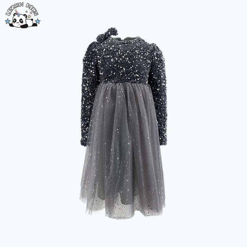 Girls’ Long Sleeve Sequin Princess Dress Tulle Poncho Casual Vintage Mini Style Deco Bow Plaid Pattern Dress