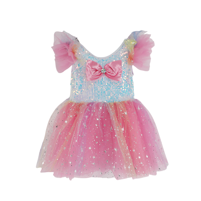 Girls’ Sequin Bowknot Mesh Puff Sleeve Dress