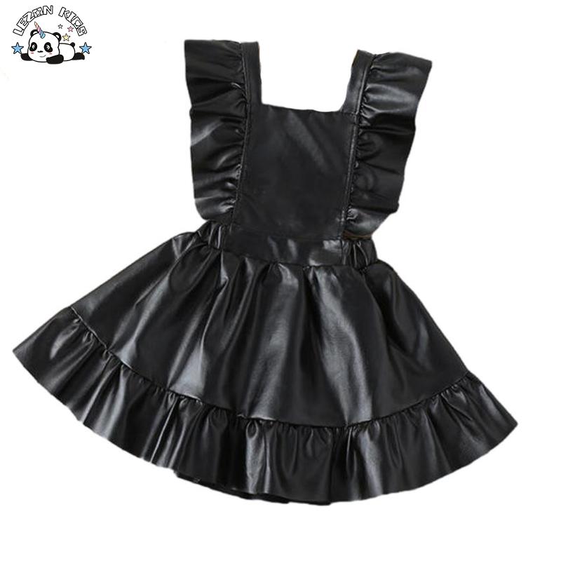 New Girls’ Fashionable Black PU Leather Ruffle A-line Skirt Children’s Pleated Vest Children’s Skirt