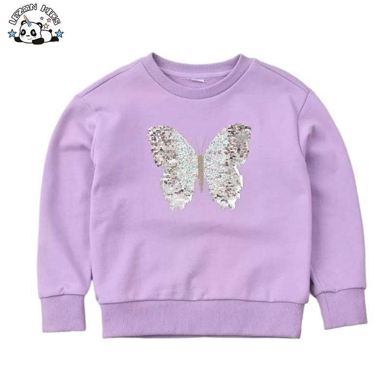 Customizable Children’s Cotton Hoodie Girl’s Sequin Butterfly Round Neck Long Sleeved Girls Sweatshirt