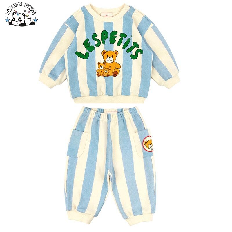 Customized Boys Sweatshirt Trousers Two-piece Set Cartoon Bear Strip Pattern Children’s Hoodie Set