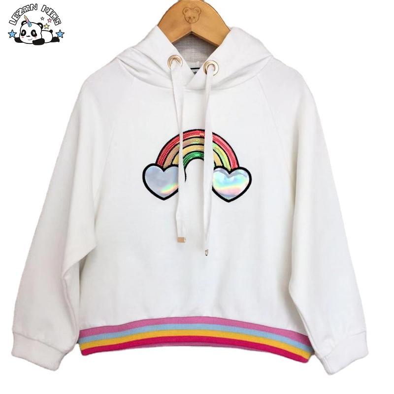 Customizable Girls Sequin Embroidered Rainbow Pullover Fleece Hoodie