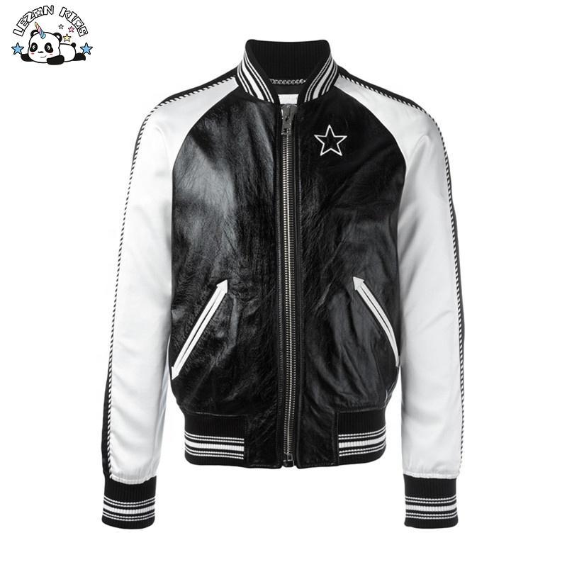 Customizable Soft Satin Faux Leather Bomber Coats Black White 2 Tone Color Boys Jacket