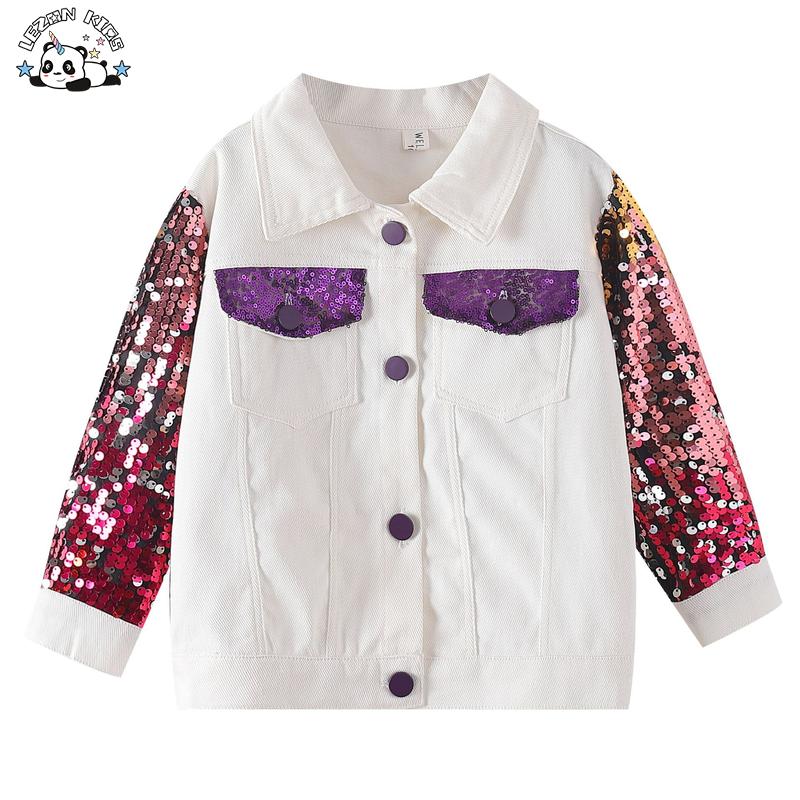 Custom Girl Five Colors Sequin Long Sleeve Fur Unicorn Embroidered Crop Boy Denim Jacket