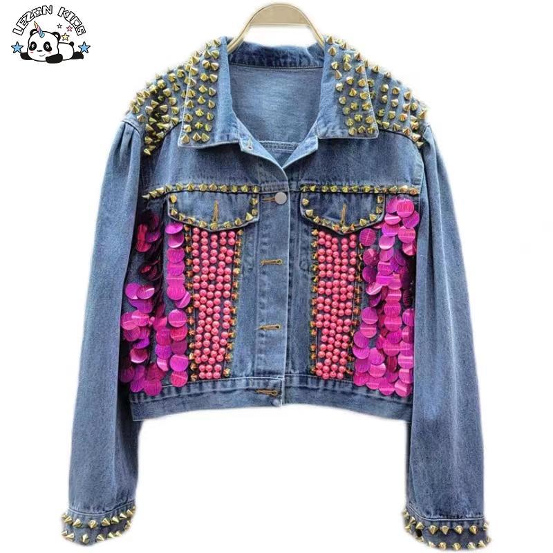 Customizable Hot Sale Popular Gold Rivet Decoration Pink Sequin Denim Jacket