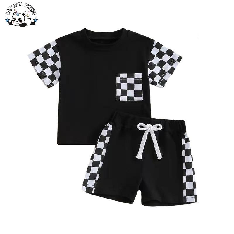 High Quality Trendy Plaid Style T-Shirt Suit Energetic Summer Set for Kids