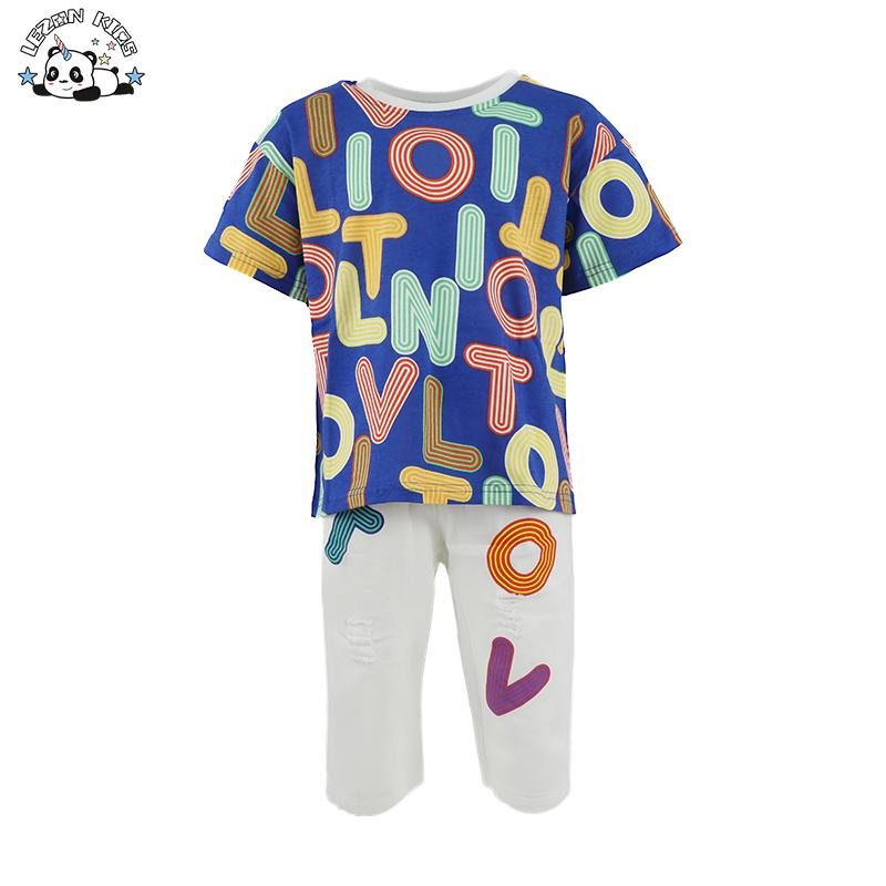 Custom Children Boys Smile Print T-shirt Denim Short Set Cute Boys Clothing Sets