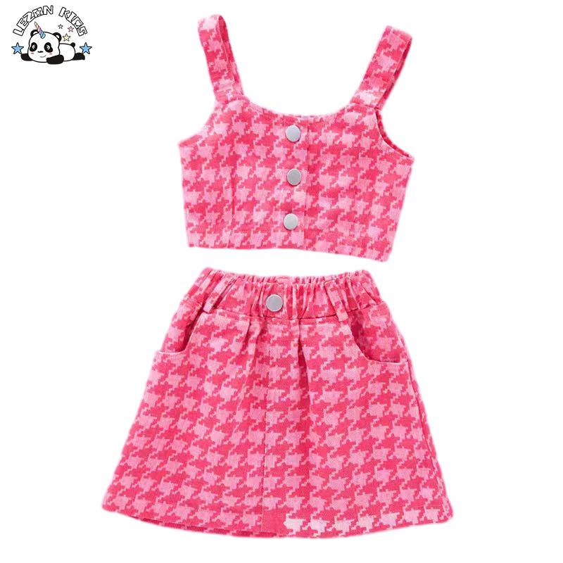 Wholesale High Quality Custom Sweet Spaghetti Strap Button and Pockets Skirt Girls Boutique Clothing Sets