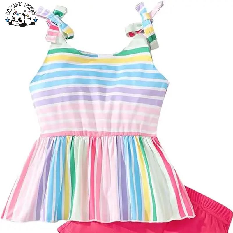 Customizable Wholesale New Products Cute rainbow Suspenders T-shirt and Shorts Little Girls Clothing Sets