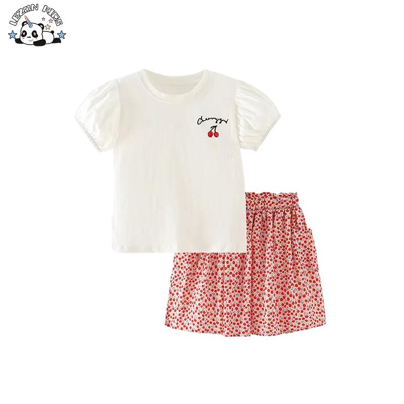 Custom Cute Red Cherry 2pcs T-shirt Skirt Girls Clothing Sets