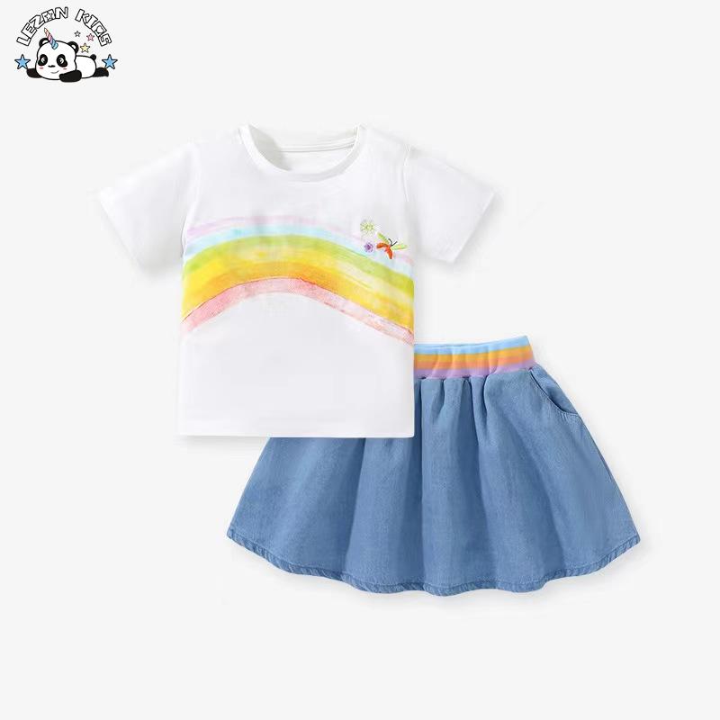 Wholesale Customization Cute Rainbow Flower Printing Girls Clothing Sets for Summer