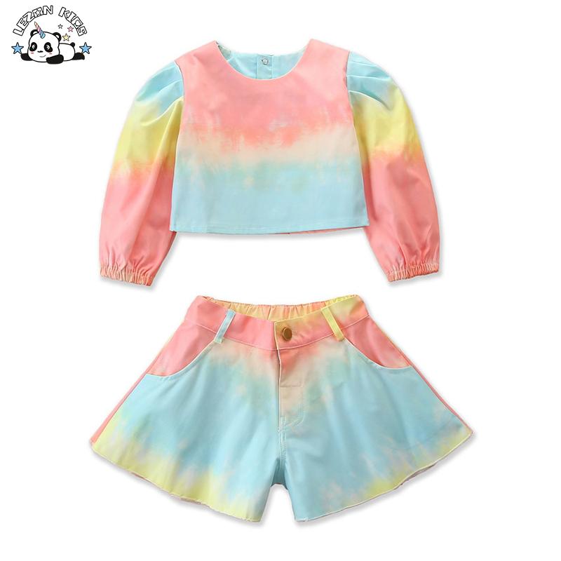 Customized Girl’s Clothing Rainbow Color Long Lantern Sleeve Short Girls Clothing Sets OEM/ODM Factory