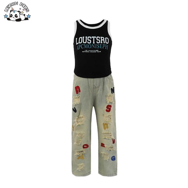 Customizable New Summer Children Girls Tank Top Embroidery Jean Set Hip Hop Girls Clothing Sets