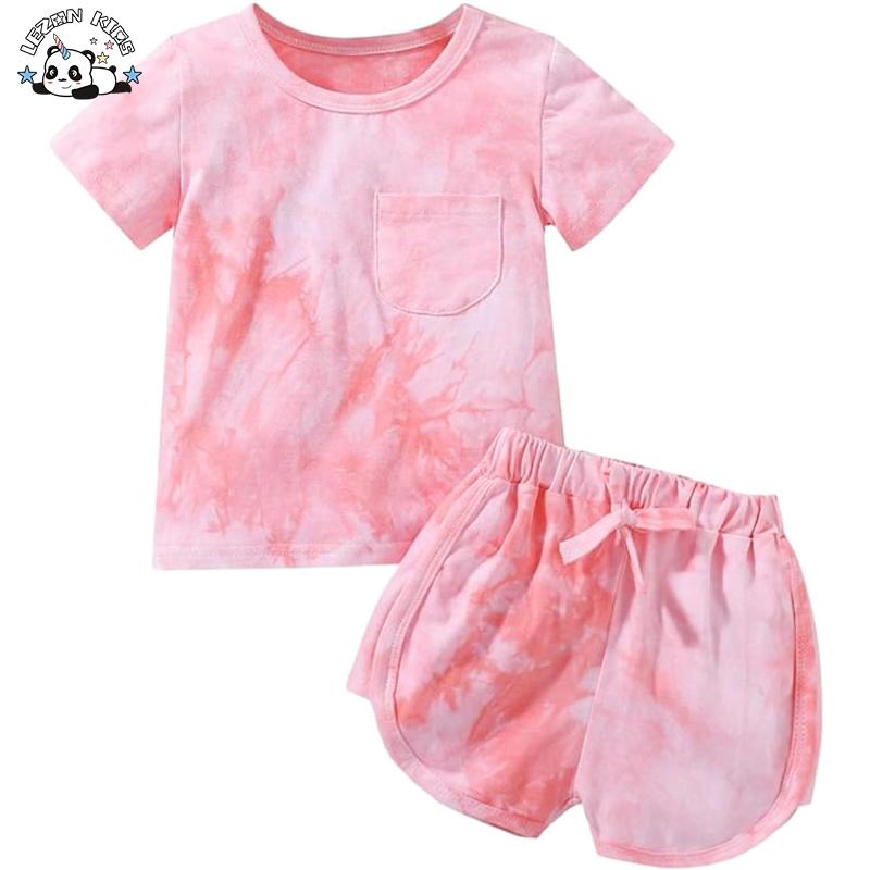 OEM Customizable Colors Cotton Tie Dye T Shirts Shorts Set Girls Summer Sports Set for Kids