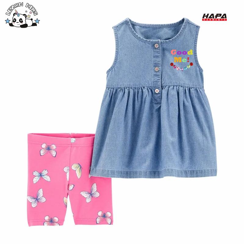 Girls Denim Set Butterfly Legging Shorts Sleeveless OEM Denim Top