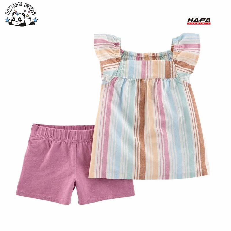 Customizable Cool Summer Colorful Stripe SleevelessTop Pink Shorts Casual Girl Clothing Set