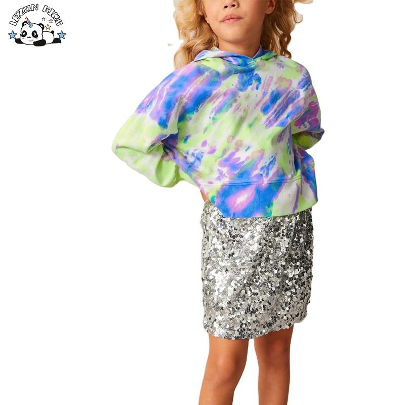 Popular Stylish Customization Tie Dye Hoodies Sequin Skirt Girls Set