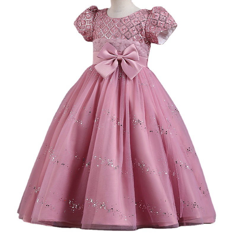 Kids Tulle Dress Puff Short Sleeve Sequins Birthday Party Dress Flower Waistband Ball Gown Wedding Flower Girl Dress