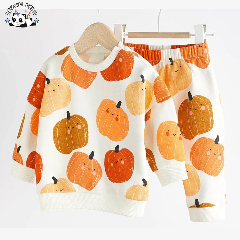 New Fashion Girls Long Sleeves Cotton Pullover Pumpkin Set Girls Clothing Sets for 2-14 Years Old