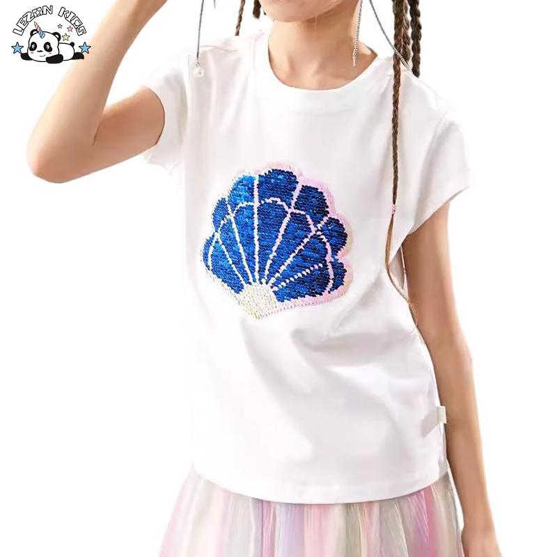 Custom Patchworks Breathable Cotton T Shirt Tops Girls Sequin Sea Shells Patchworks T Shirt