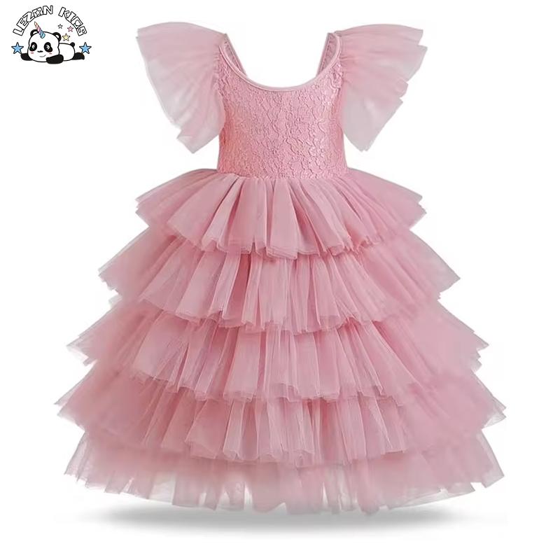 Ruffle Sleeves Layered Tulle Girls Dress