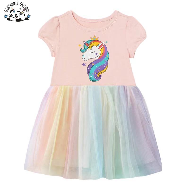 Customizable Wholesale Cartoon Print Unicorn Girls Dress Short Sleeve Tulle Dress rainbow Pufle Dress