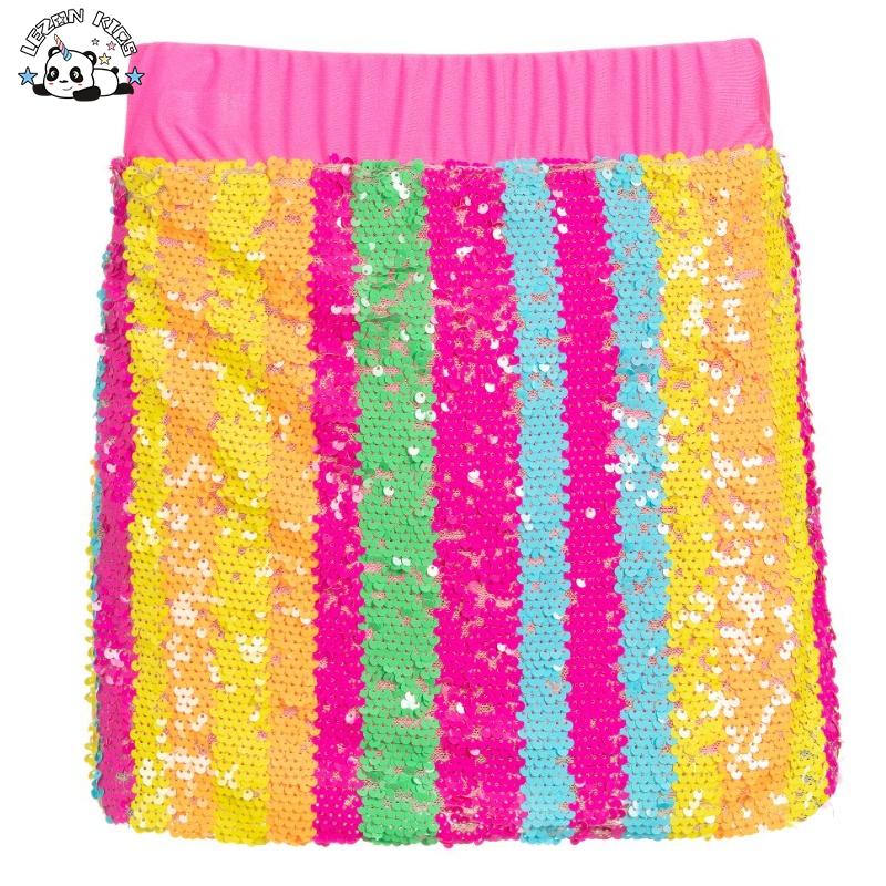 OEM Custom Neon Colors Rainbow Breathable Embroidered Flip Sequin Girls Short Skirts for 2-14T Children’s Clothing