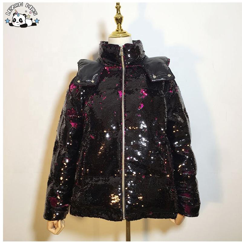 Custom Fashion Winter Sequin Coats Black Sequins Jacket Thickened Winter Coat for Kids With Hoodie