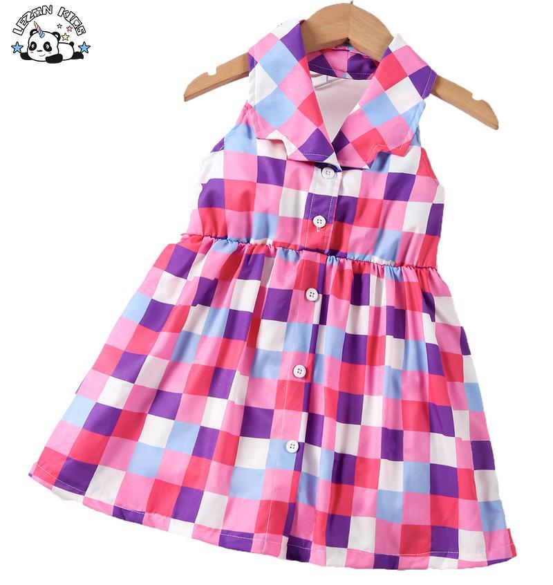 Customizable New Summer Girls Fashion Plaid Cotton Fabric Splicing Halter Lapel Girls Dress