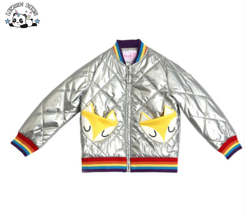 Kids Clothing Lightly Cotton Quilted Iridescent Silver Faux Leather Bomber Jacket for Girls