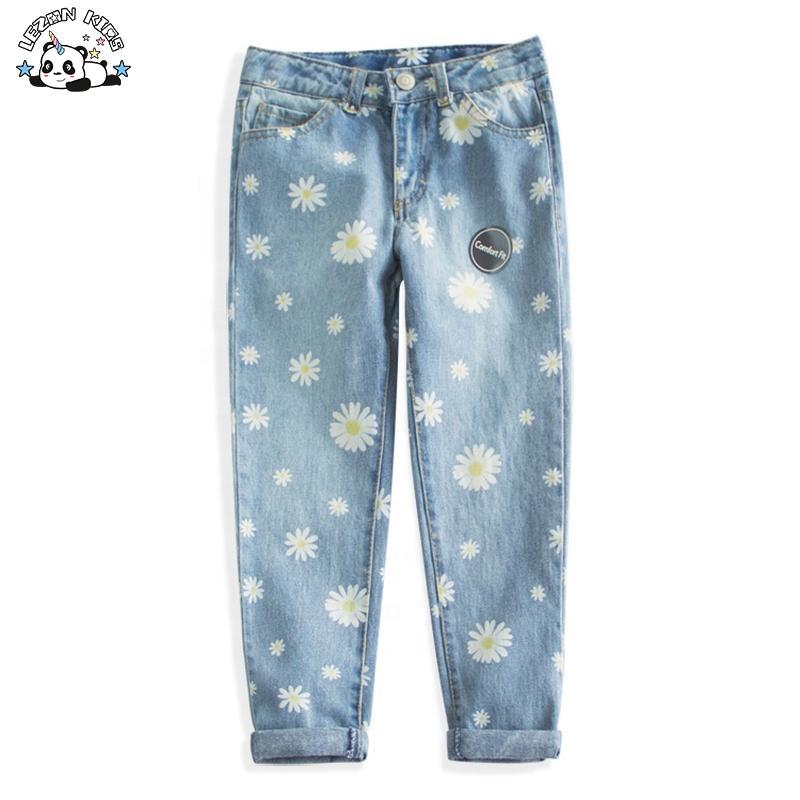 Customizable Printed Cute Daisies Flowers Light Blue Washed Cotton Denim Girls Jeans Pant