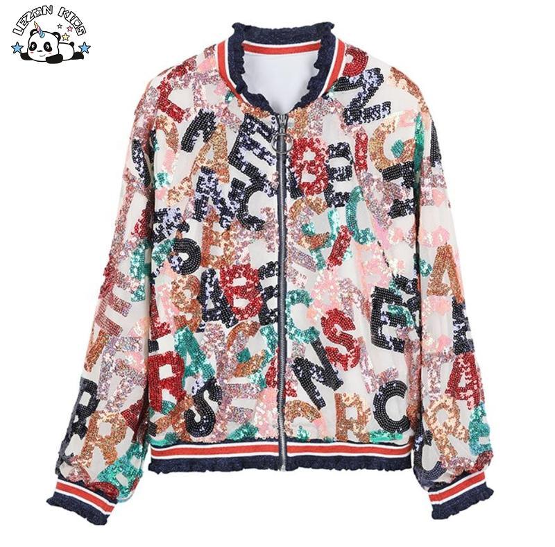Customizable Mommy and Me Outfits Kids Clothing Rainbow Sequin Letters Varsity Bomber Jacket