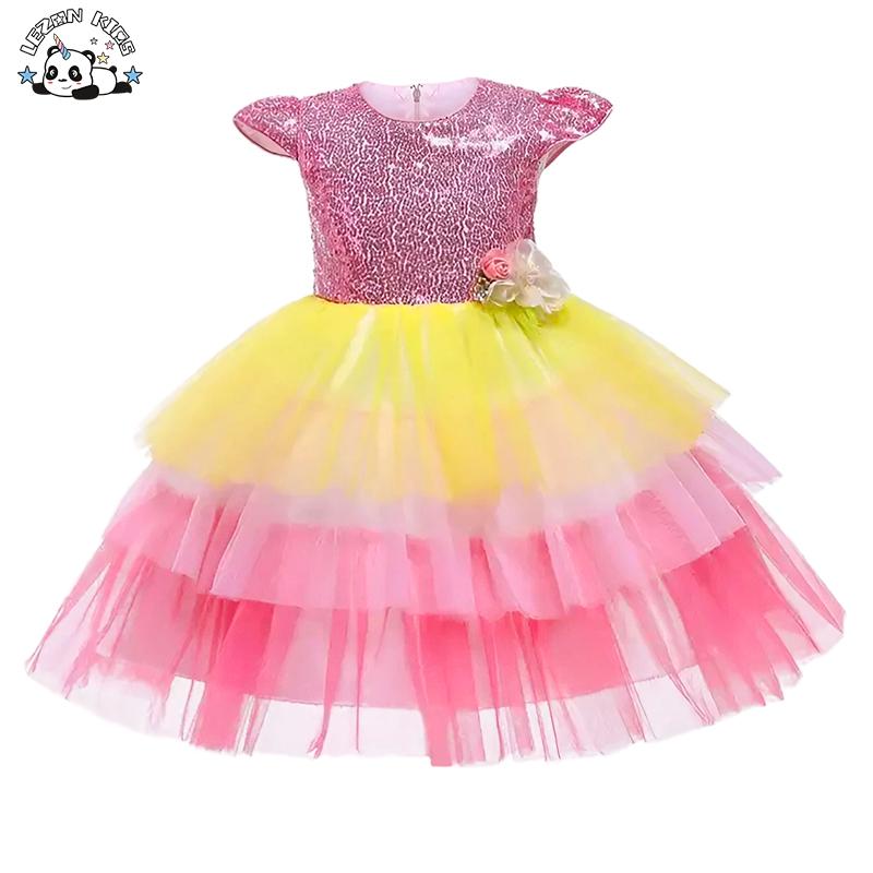 Summer Jacquard Sequins Princess Skirt Hot-Sale Performance Rainbow Cake Girls’ Ball Gown Girls’ Dress