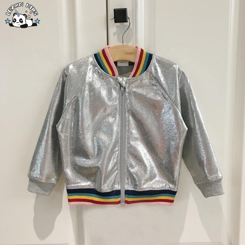 Customizable Wholesale Kids Metallic Silver Girls Faux Leather Bomber Jacket