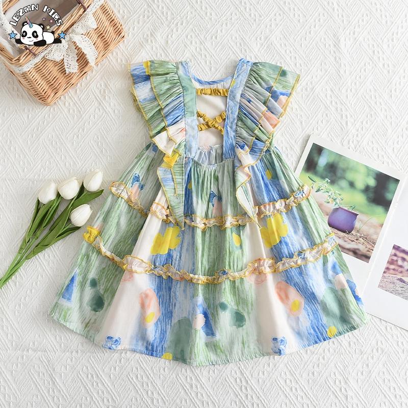 Customize Lace Puffy Sleeve With Flower Printing in Summer for Baby Girl Dress