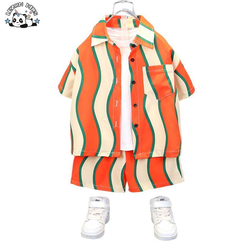 Child Clothes Irregular Stripe Shirt Short Set Casual Cotton Satin Factory OEM/ODM Kids Clothing Boy Sets