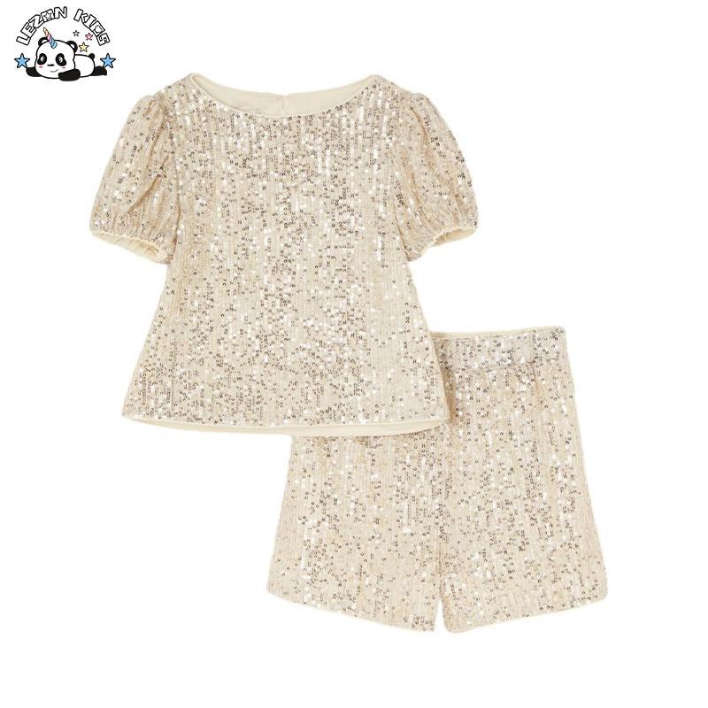 Customizable Design Children’s Set  Puff Short Sleeves Sequin Shorts Sequin Girls Clothing Set