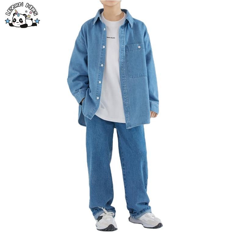 Children’s Denim Jean Shirt Straight Loose Pants Casual Two-piece Suit