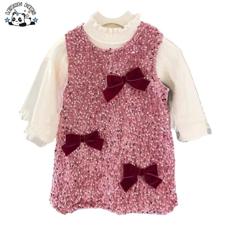 Customizable New Arrival Girl Clothing Set Long Sleeve Sweater Pink Velvet Sequin Dress Set