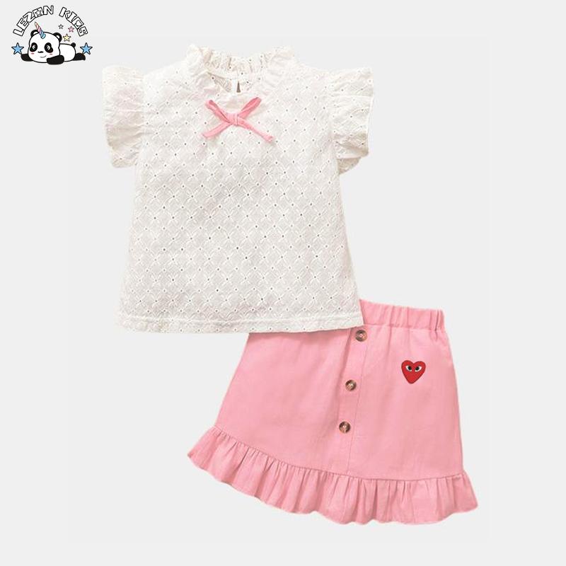 OEM Customizable Summer Girls Clothing Set New Short Sleeves Sweet Shirt Top Skirt Fashion Kids Outfits 2PCS