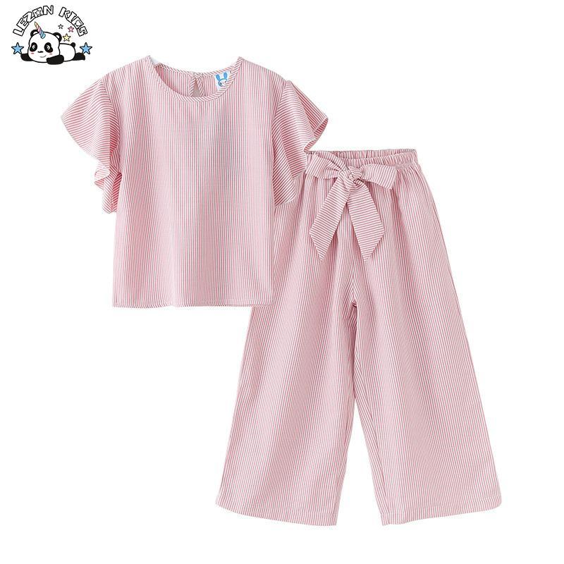 Customizable OEM Leisure Casual Girls Outfit Ruffle T Shirt Wide Leg Pant Girls Clothing Sets