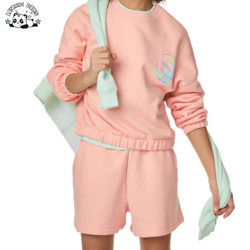 Stylish Long Sleeves Sweatshirt Summer Shorts Set Cute Girls Kids Clothing Set