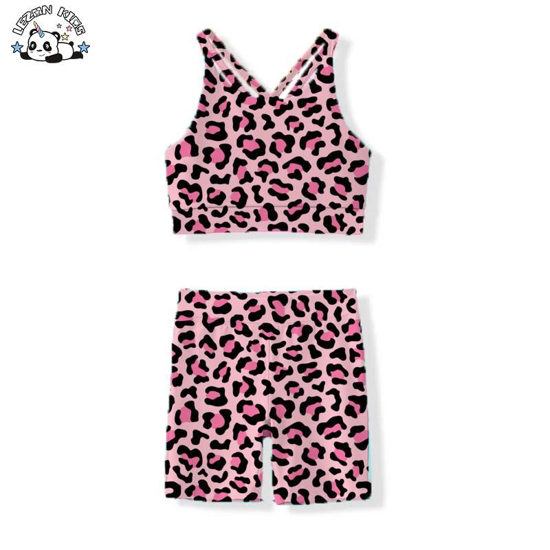 Cool Leopard Sports Set Legging Two Pieces Girls Biker Jogger Clothing Set