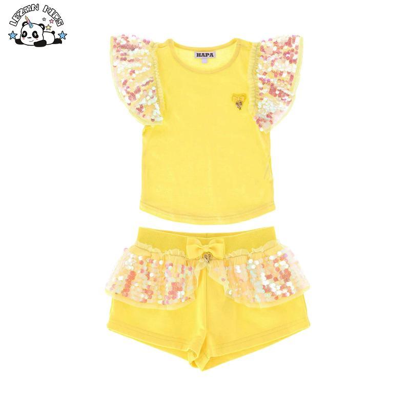 Customizable Summer Girls Clothing Outfit Short Sequin Ruffle Sleeve T Shirt Shorts Girls Clothing Sets