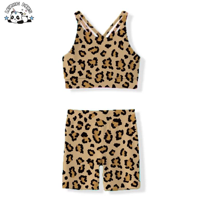 New Design Leopard Style and Short Legging Two Pieces Girls Biker Jogger Clothing Set