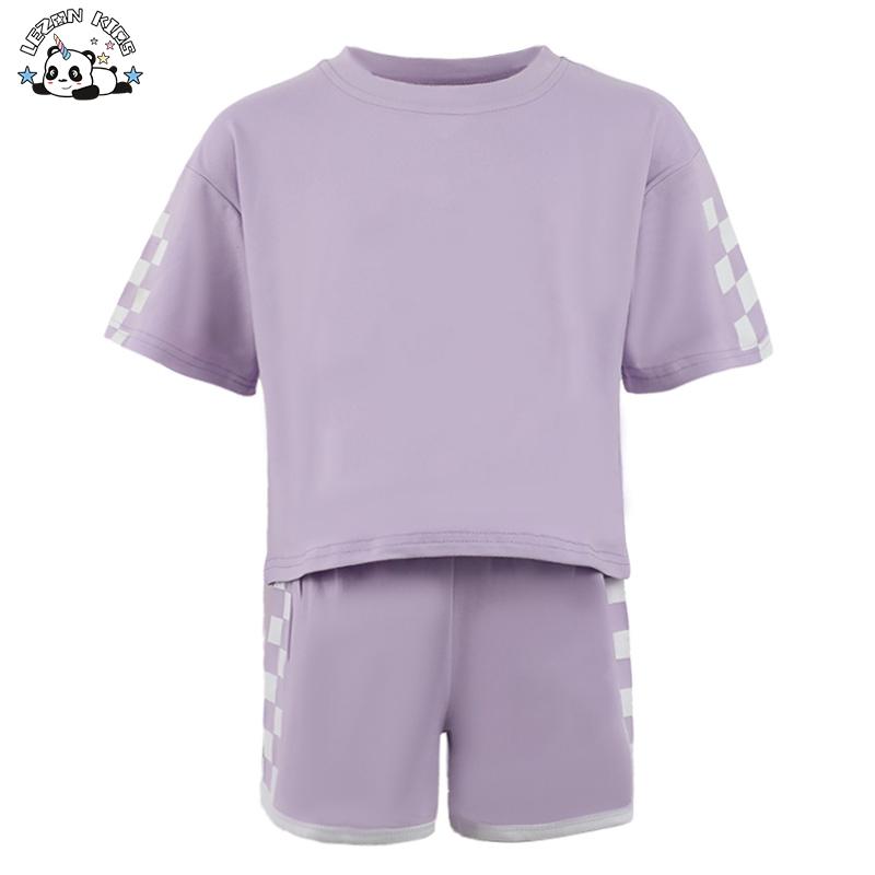New Style Girls Color Block Short Sleeve Plaid T Shirt Shorts 2 Pieces Set Child Summer Set