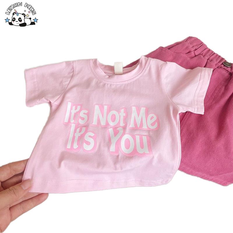 Girls Clothing Sets Pink Letter Print Cotton T-shirt Rose Denim Short Sweet Cute Customized Kids Clothing Sets