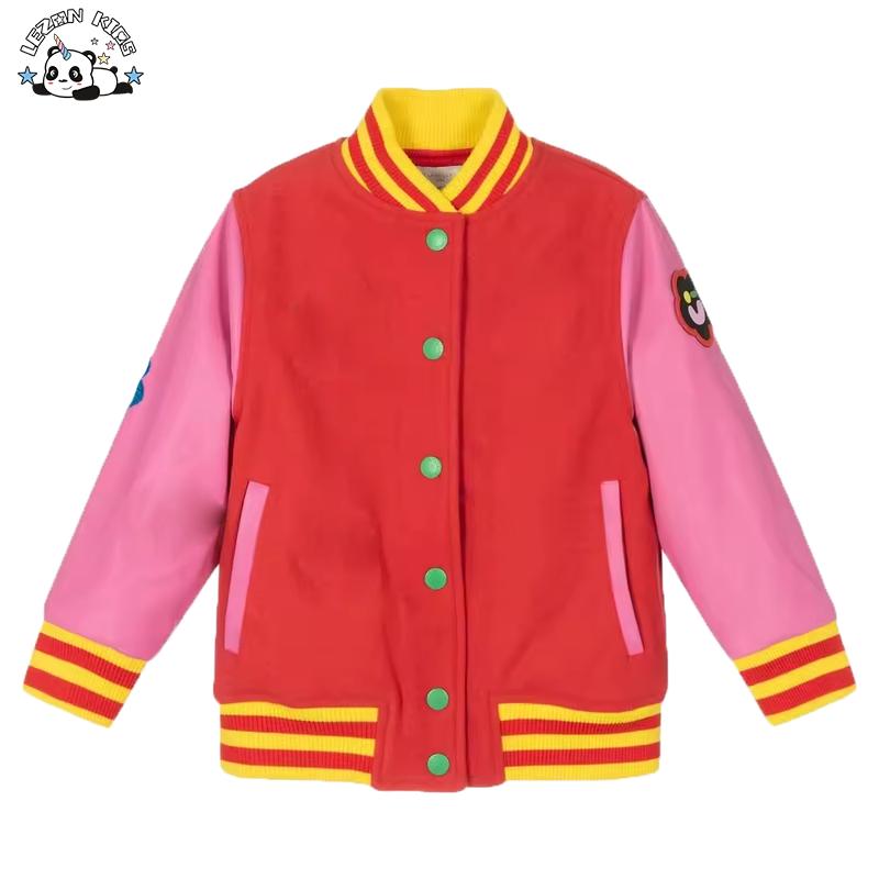 Kid’s Customized Embroidery Patchworks Pink Leather Sleeves Bomber Jacket