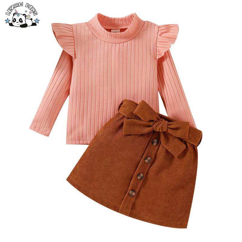 OEM Customizable Girls Knitted Corduroy Long Sleeves a Line Skirt Set